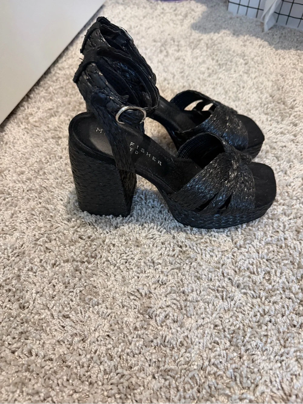 Marc Fisher Black Braided Platform Sandals with Ankle Strap